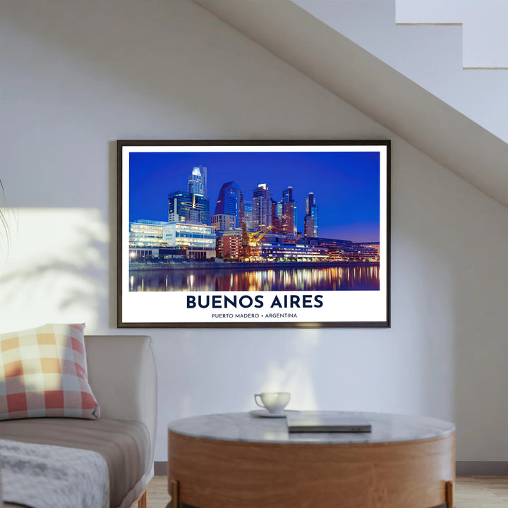 Capturing golden city lights reflecting on peaceful harbor waters, this Puerto Madero print brings the cosmopolitan night life of Argentina into your living space, presented by MapYourDreams with selection flexibility across unframed paper, hand-crafted frames, and canvas wraps.