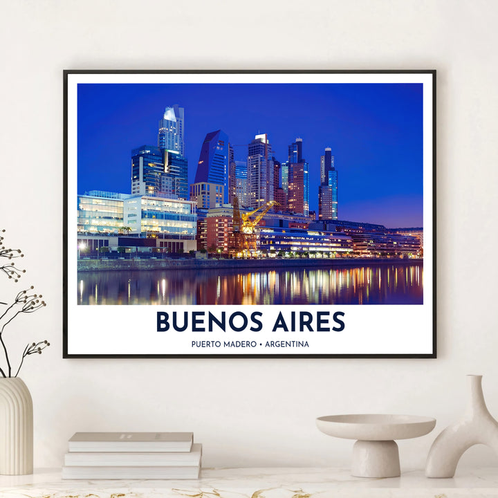 Set against a deep sapphire evening sky, this Puerto Madero wall decor showcases the contemporary architecture and shimmering docks of South America, meticulously crafted by MapYourDreams in fine paper, solid wood framing, and floating canvas choices.