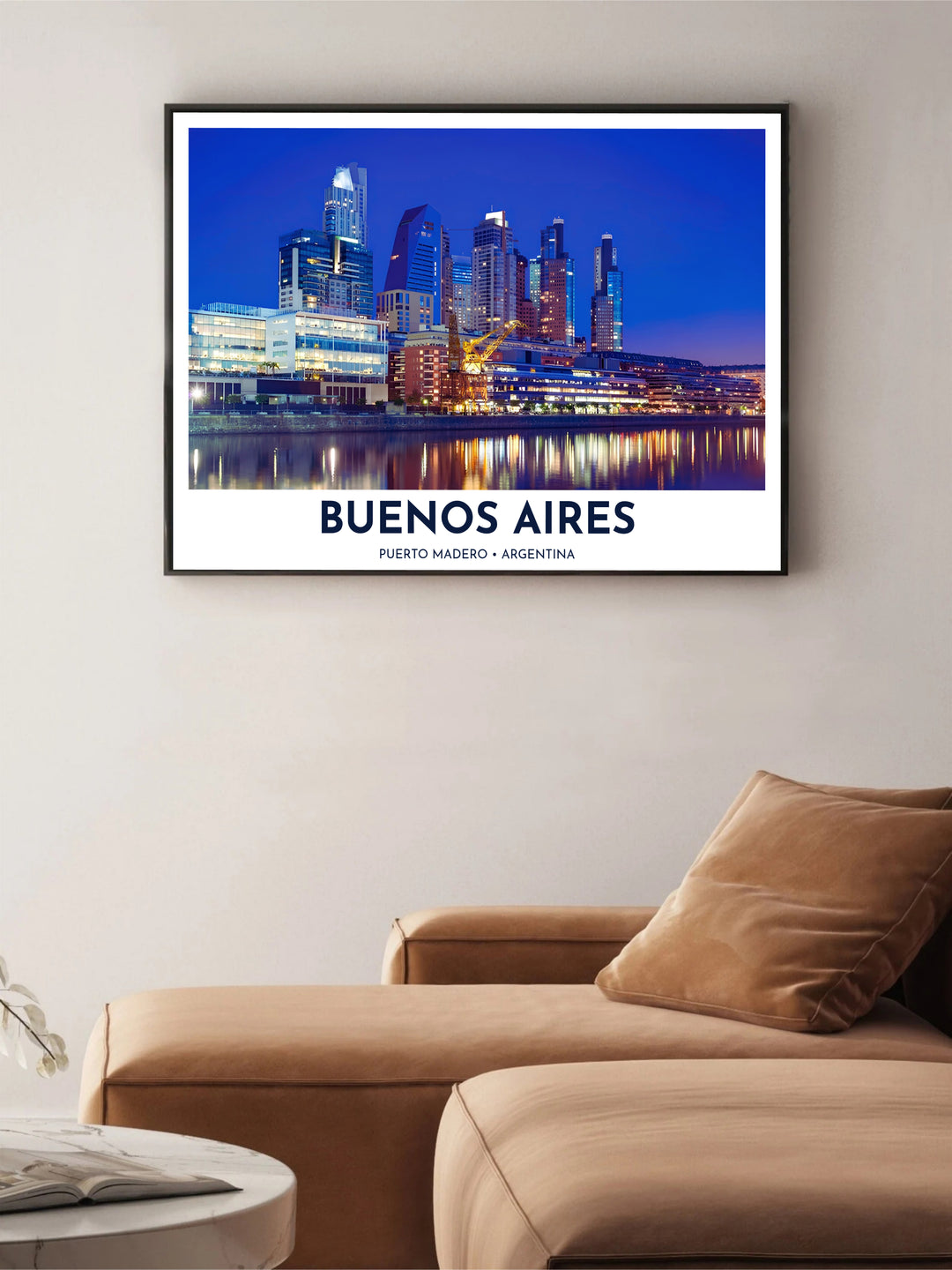 Framed by crisp modern typography reading Buenos Aires Puerto Madero Argentina, this Puerto Madero wall art highlights modern Latin American architecture, created by MapYourDreams and available as an unframed paper print, custom framed picture, or canvas decor.
