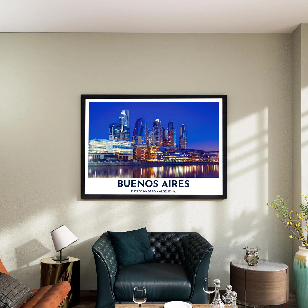 Bathed in brilliant golden and cobalt blue illumination, this Puerto Madero wall decor brings high-contrast urban beauty into any home interior, expertly produced by MapYourDreams in archival paper, custom wood frames, and gallery-wrapped canvas.