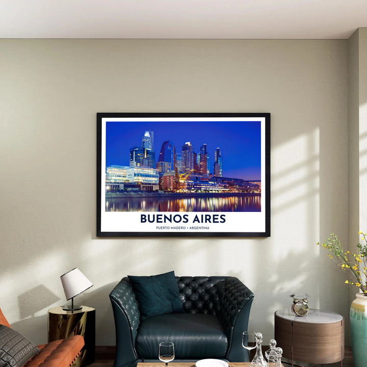 Bathed in brilliant golden and cobalt blue illumination, this Puerto Madero wall decor brings high-contrast urban beauty into any home interior, expertly produced by MapYourDreams in archival paper, custom wood frames, and gallery-wrapped canvas.