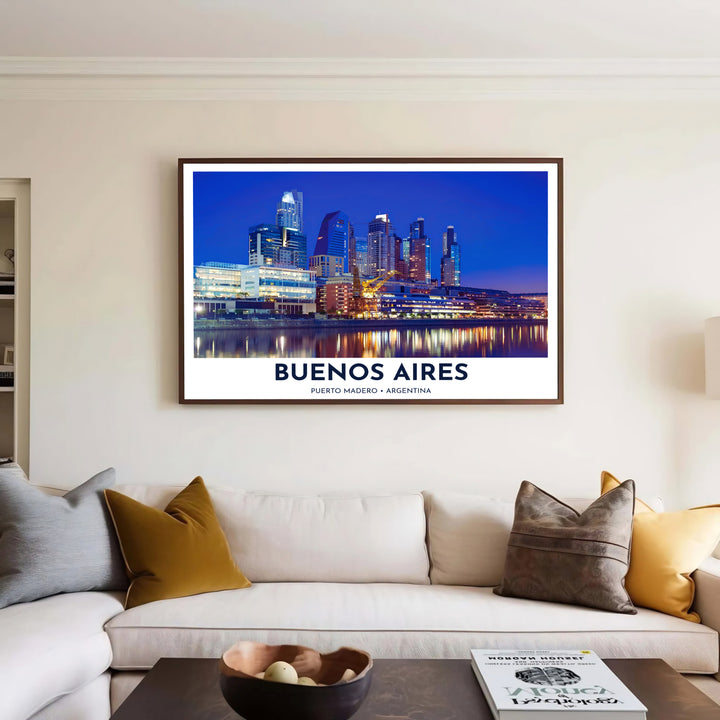 Highlighting the sleek waterfront district of Buenos Aires at twilight, this Puerto Madero print delivers a luxurious urban photography aesthetic, available at MapYourDreams in versatile unframed paper, solid wood framed, and canvas display styles.