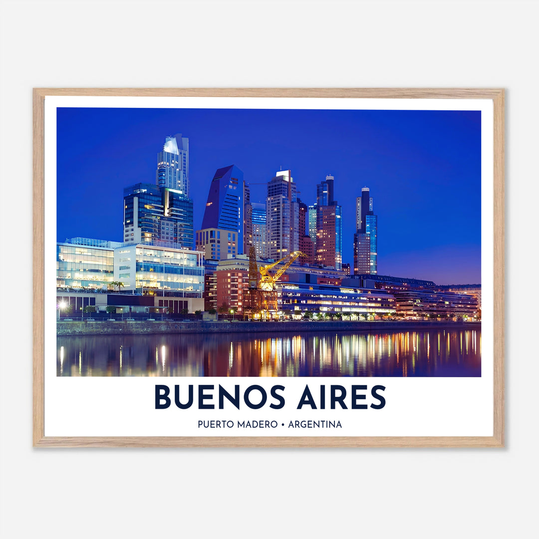 Bringing vibrant evening city energy directly onto your living room walls, this Puerto Madero poster pairs deep navy tones with warm golden skyscraper lights, curated by MapYourDreams in unframed paper, timber frames, and canvas wraps.