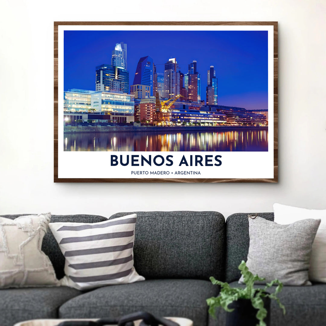 A sweeping nighttime photo perspective reveals the glowing dockland skyline in this Puerto Madero poster, offered by MapYourDreams in multiple framing finishes ranging from minimalist fine art paper to solid timber and gallery canvas styles.
