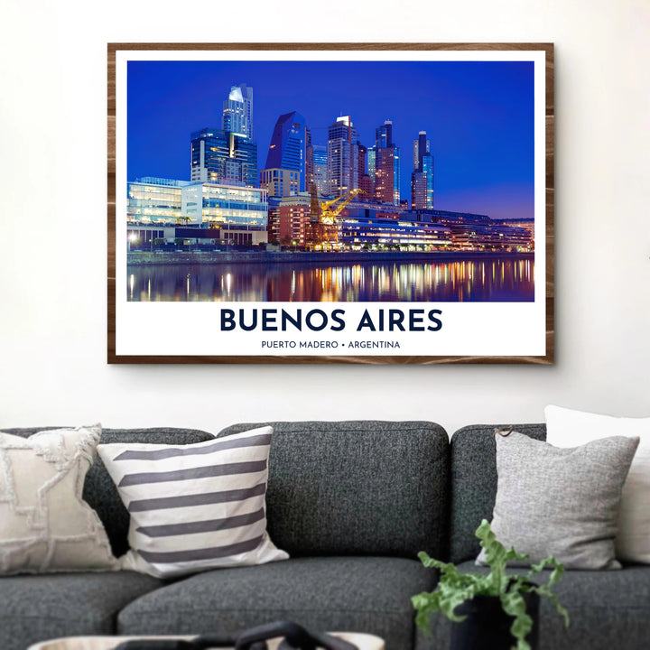 A sweeping nighttime photo perspective reveals the glowing dockland skyline in this Puerto Madero poster, offered by MapYourDreams in multiple framing finishes ranging from minimalist fine art paper to solid timber and gallery canvas styles.