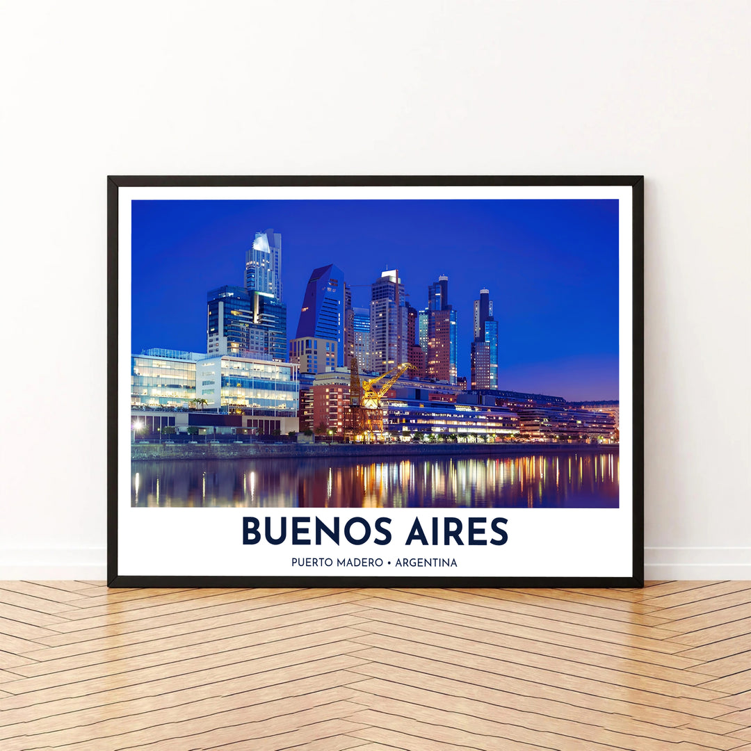 Contrasting brilliant golden window lights against a deep blue evening sky, this Puerto Madero print captures the vibrant spirit of Buenos Aires at night, carefully crafted by MapYourDreams across unframed prints, wooden framing, and stretched canvas.