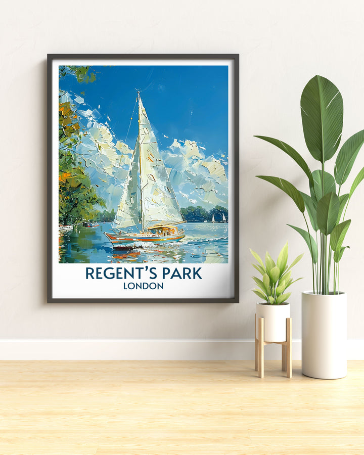 London Prints capturing the serene atmosphere and iconic views of Regents Park and its boating lake, perfect for any decor.