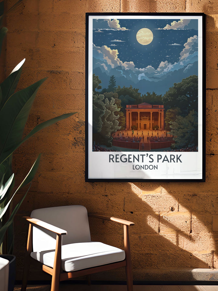 London Travel Poster featuring stunning views of Regents Park and the Open Air Theatre, capturing the essence of Londons cultural and natural landmarks.