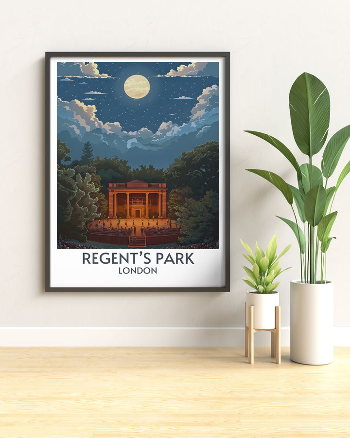 Open Air Theatre Home Decor depicting the serene atmosphere and cultural significance of this beloved London venue, perfect for theatre lovers.