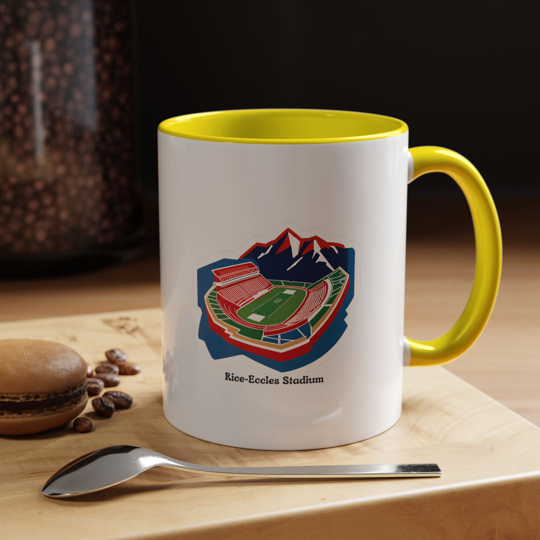 A yellow Rice-Eccles Stadium mug displaying the Utah Utes stadium in vivid artistic detail. The bright yellow color adds cheer and energy, making it perfect for coffee, tea, or hot beverages at home, office, or during game-day events for fans.
