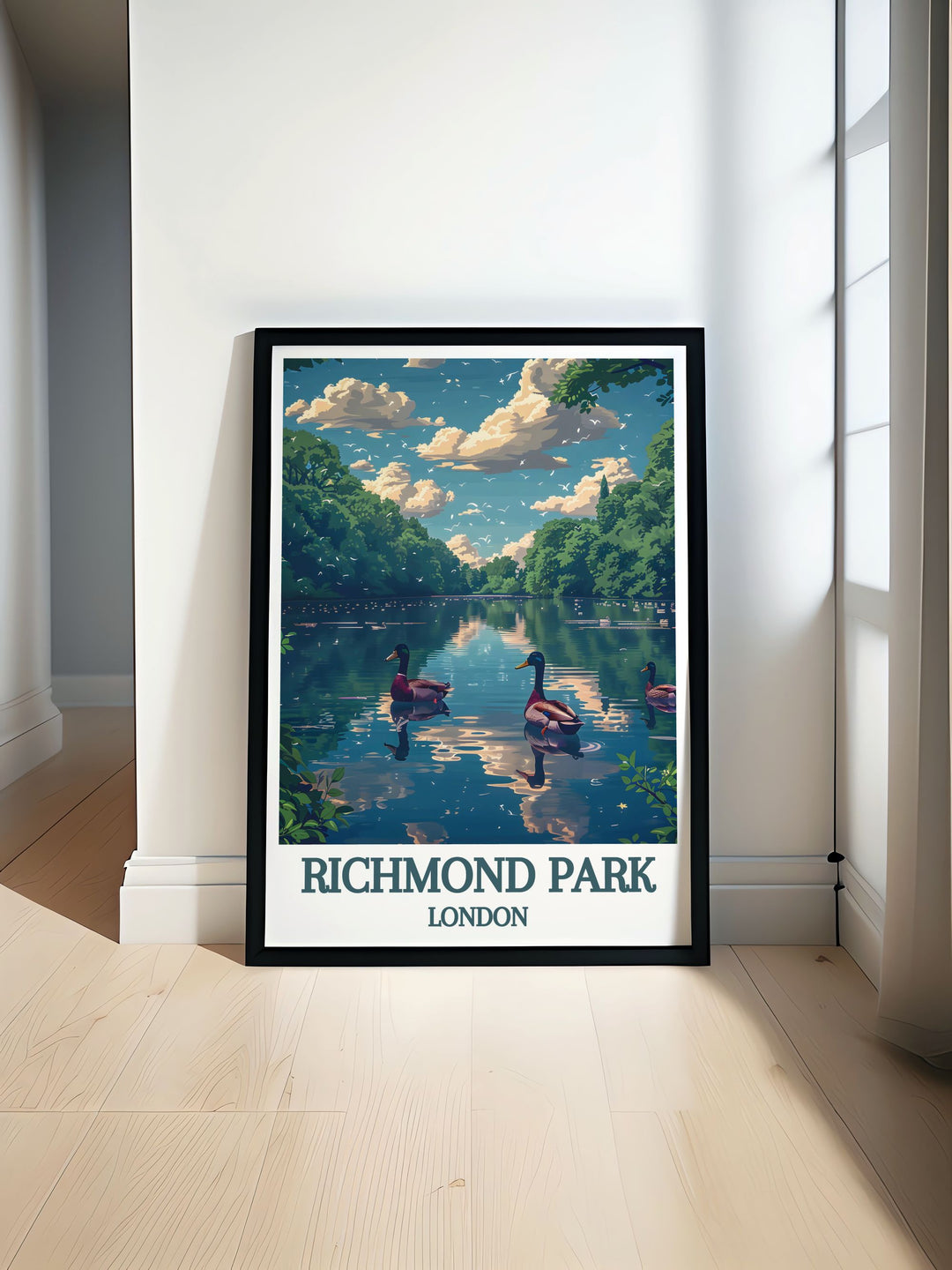 Pen Ponds Modern Wall Decor capturing the serene beauty of Londons Richmond Park, perfect for adding a touch of tranquility to your home decor.