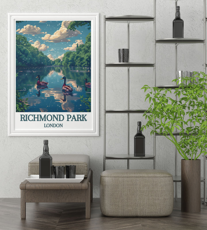 Prints of Pen Ponds highlighting the lush landscapes and serene waters of Richmond Park, bringing a piece of Londons beauty into your home.