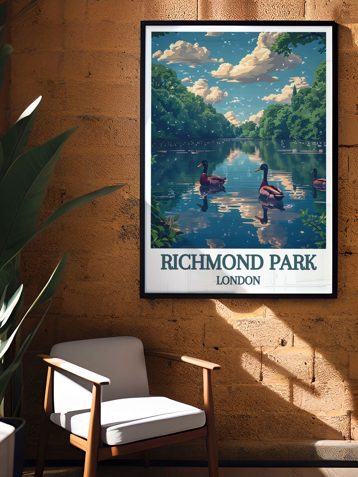 London Travel Posters featuring stunning views of Pen Ponds and Richmond Park, capturing the essence of Londons natural landscapes.