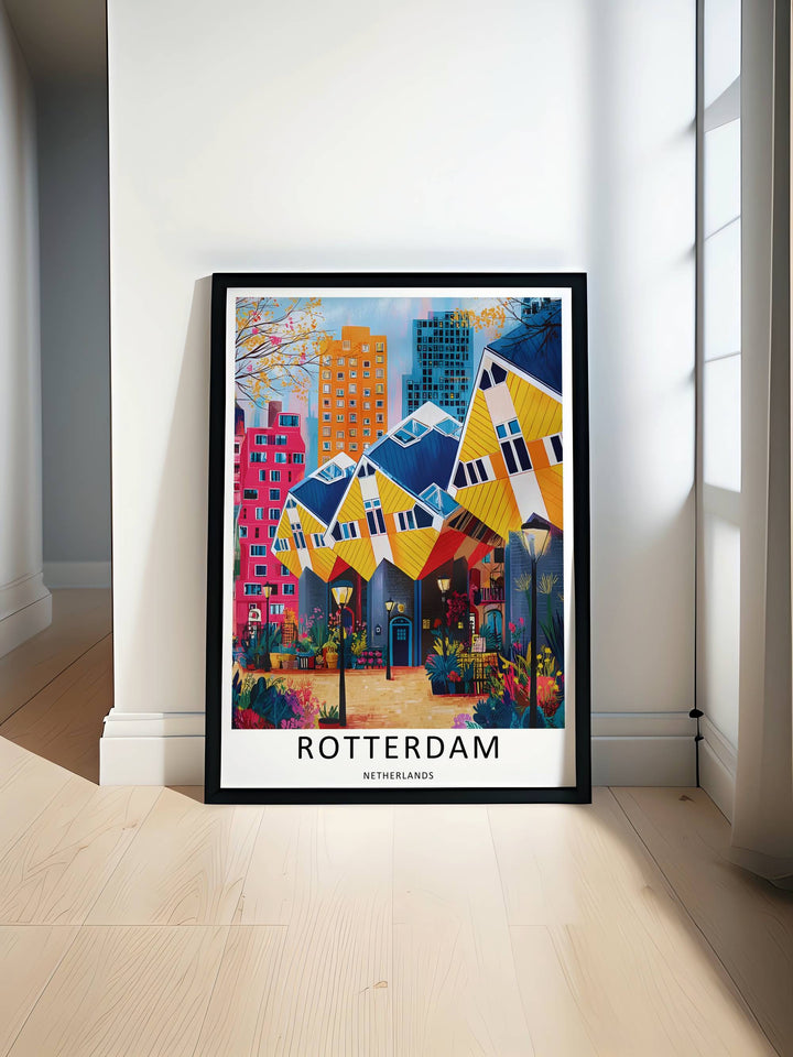 Dutch decorative travel art showcasing a stylized daylight layout, deep courtyard angles, and active modern urban public spaces. This home decor piece is perfectly suited for modern rooms as a framed canvas print or simple paper poster.