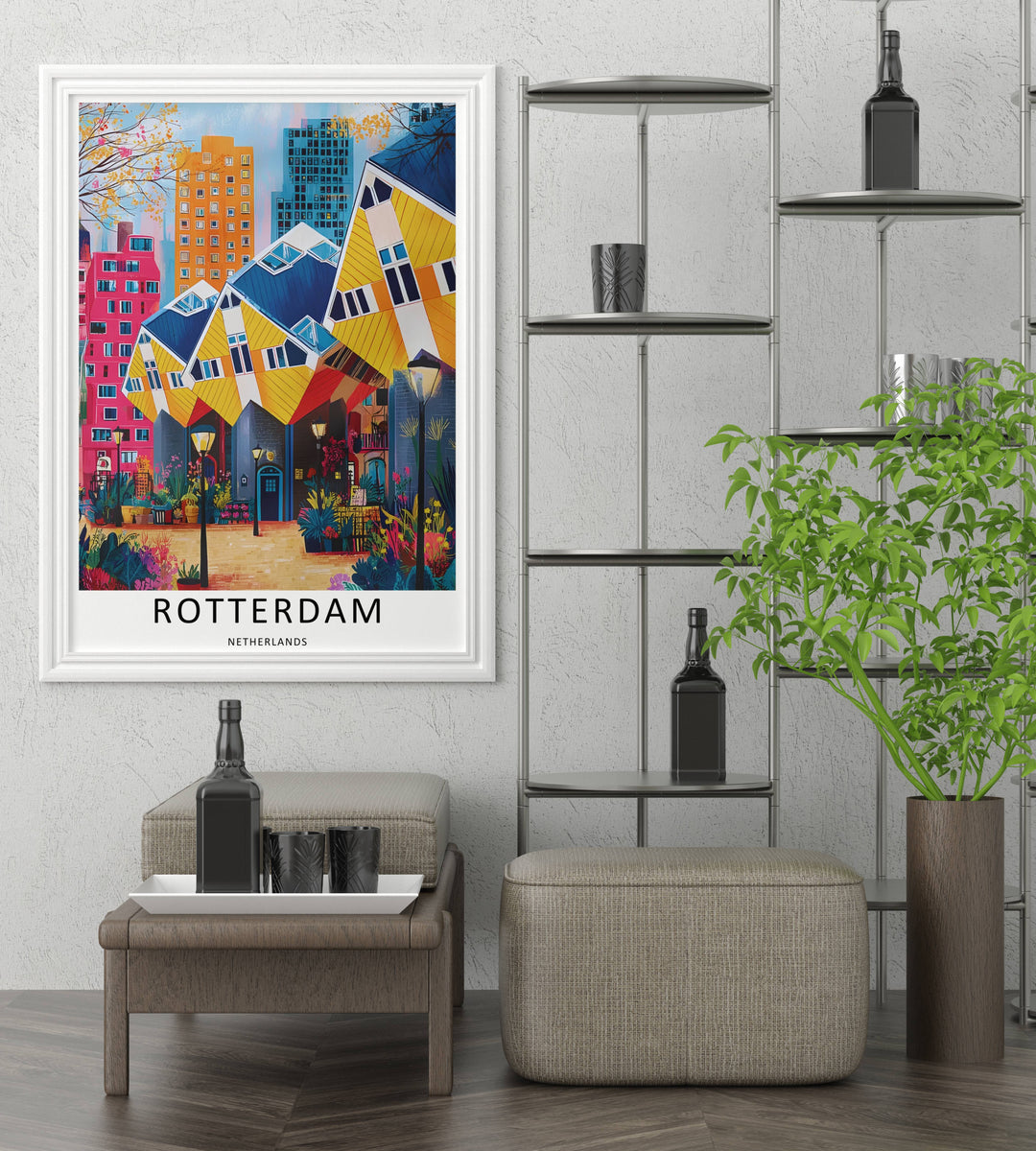 Downtown city skyline print showcasing a tall blue skyscraper and a pink apartment tower rising behind geometric houses. High-quality wall decor available in versatile framed, canvas, and print options.
