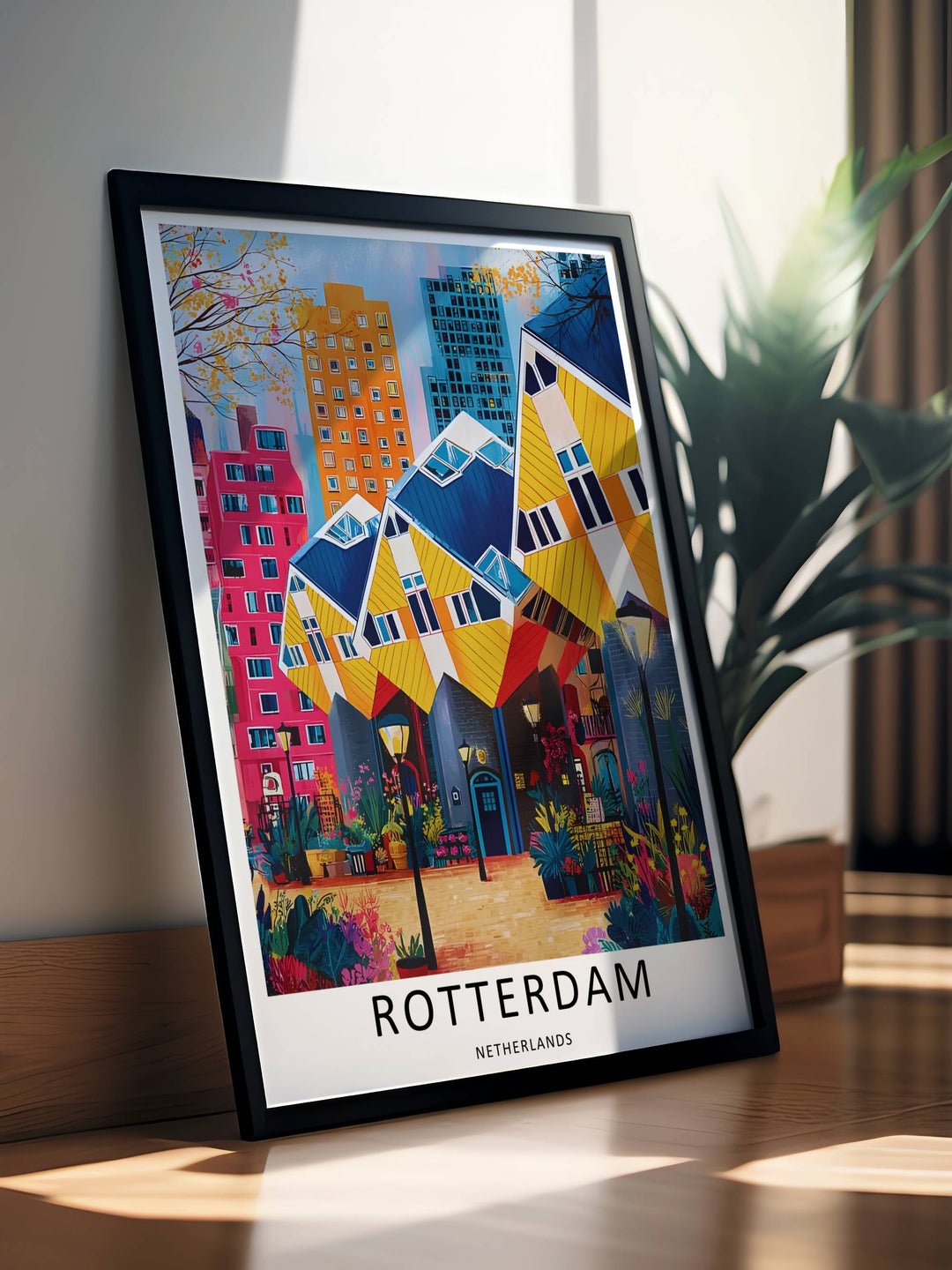 Fine art illustration of a Rotterdam landmark view with tilted yellow houses, green trees, and distant corporate skyscrapers. MapYourDreams wall decor offered in multiple sizes as an unframed print, framed print, or luxury canvas.