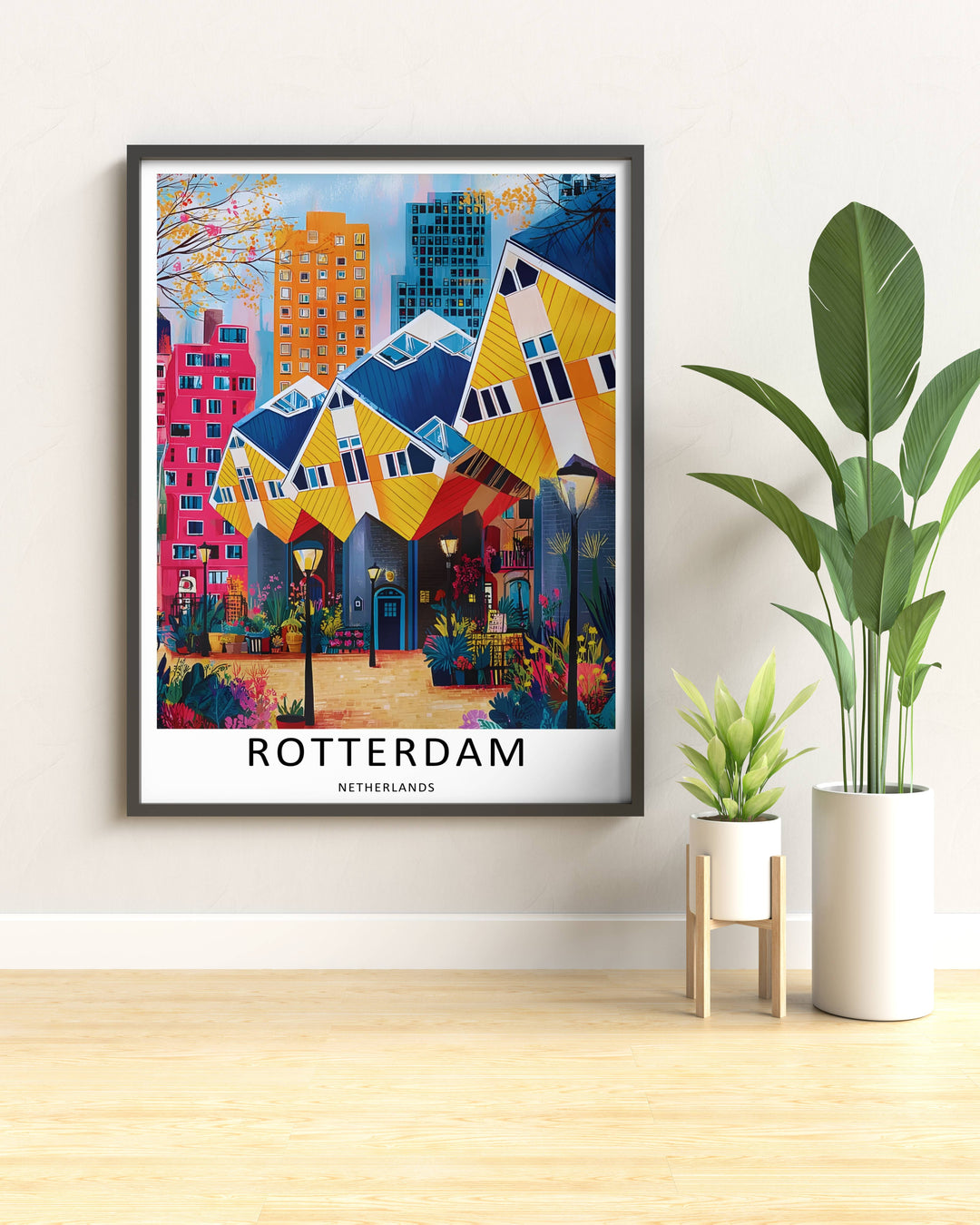 Modern Dutch skyscrapers and an iconic tilted housing grid resting under a bright painted sky design. This beautiful wall art makes an excellent housewarming gift as a canvas print, framed poster, or simple print.
