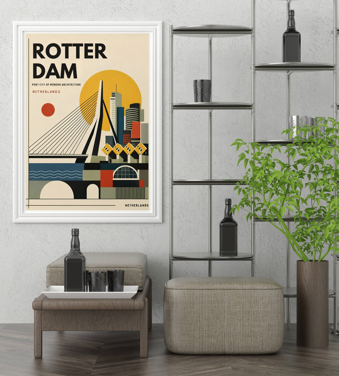 Retro riverfront skyline print showcasing clean geometric buildings catching the warmth of an abstract sun background. High-quality wall decor available in versatile framed, canvas, and print options.