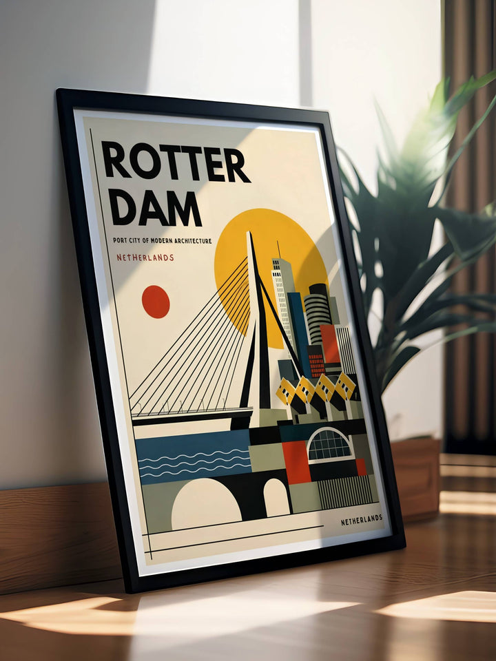 Netherlands contemporary graphic architecture and a stylized port landscape creating a unique artistic gallery wall scene. Upgrade your living room wall decor with this MapYourDreams design, available as a framed print or stretched canvas.