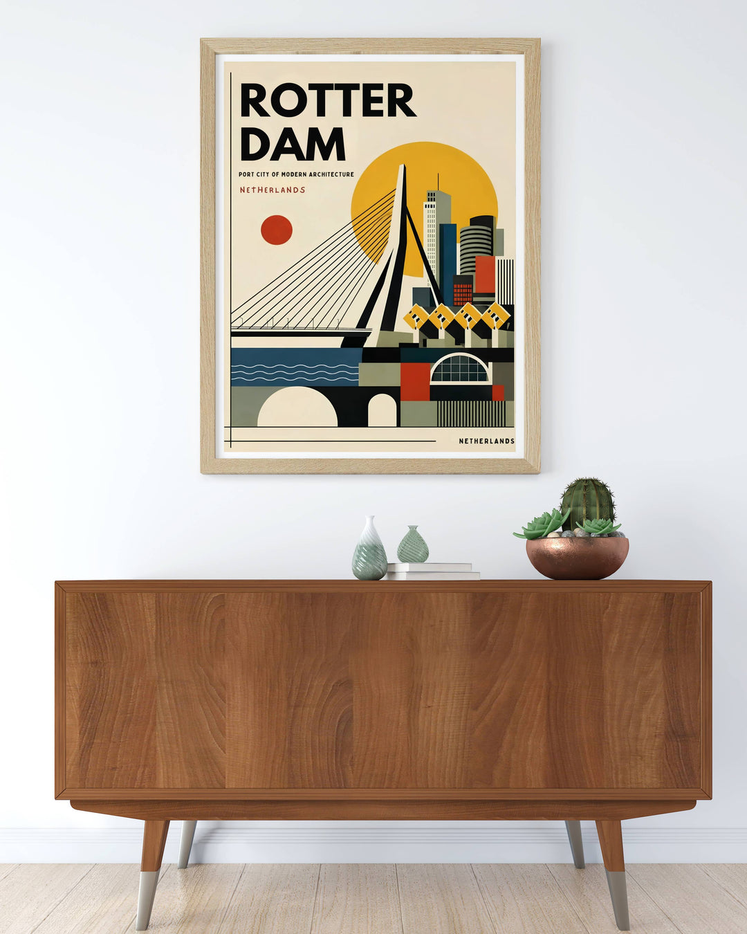Artistic European cityscape print showing a panoramic minimalist view of Kop van Zuid towers beneath editorial retro typography. A scenic travel poster from MapYourDreams, crafted expertly as an unframed print, wood-framed art, or canvas.