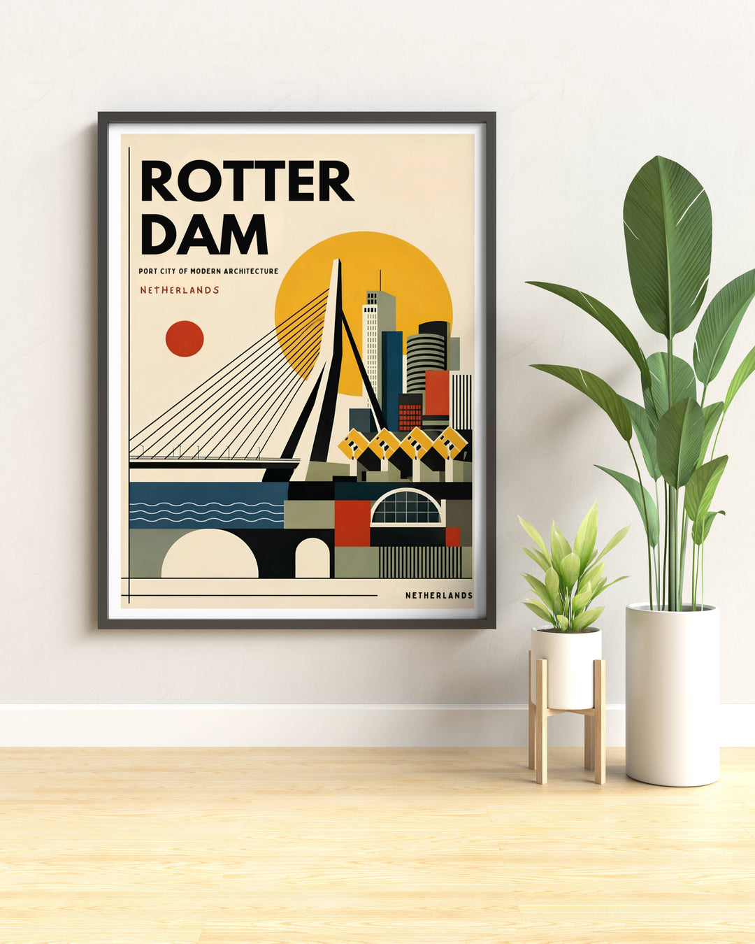 Dutch decorative travel art showcasing a stylized mid-century layout, abstract river waves, and modern architectural shapes. This home decor piece is perfectly suited for modern rooms as a framed canvas print or simple paper poster.