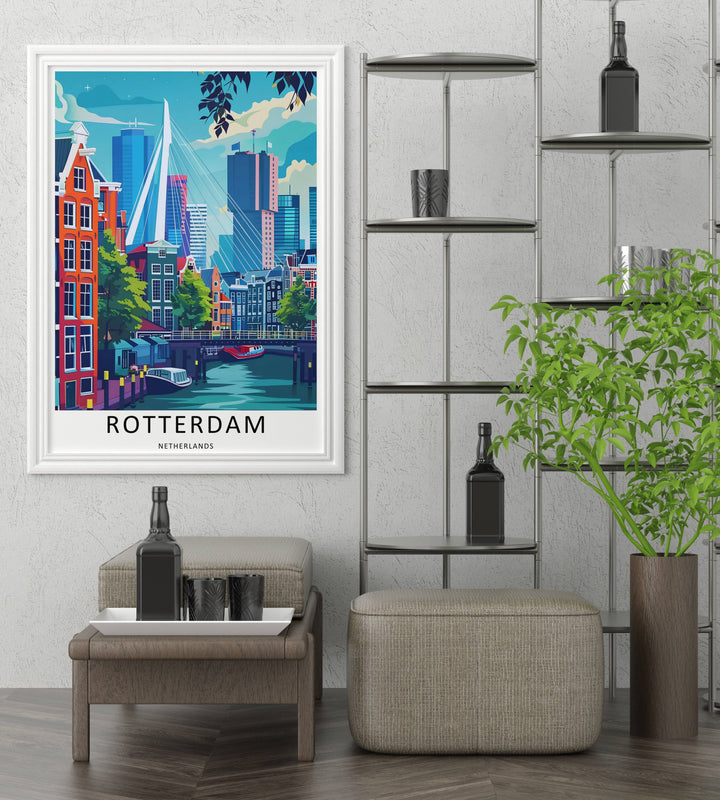 Downtown city skyline print showcasing tall skyscrapers and the white towers of a modern suspension bridge catching daylight. High-quality wall decor available in versatile framed, canvas, and print options.