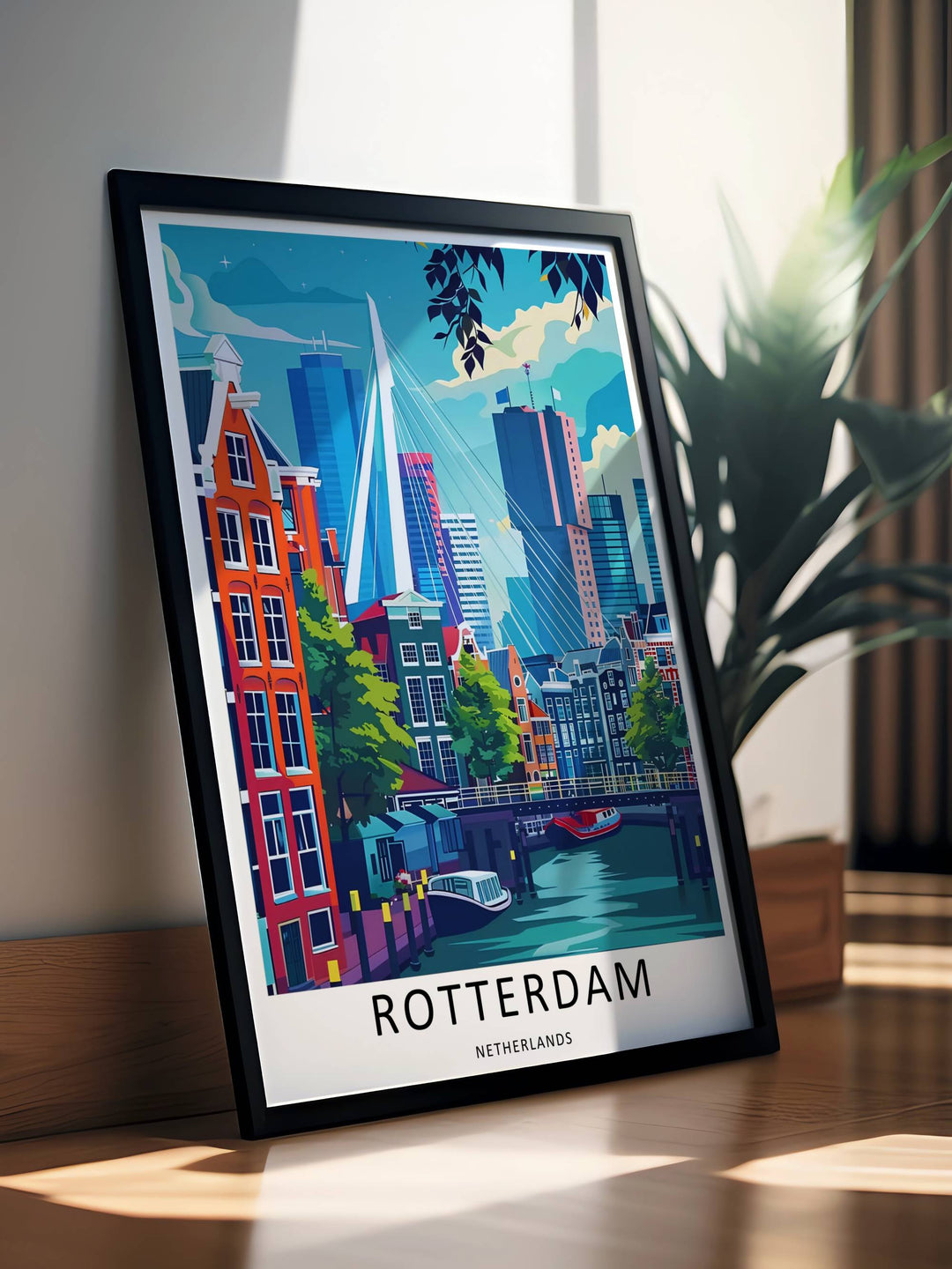 Rotterdam graphic art capturing a clean white border layout, rich orange and blue tones, and detailed architectural facades. This poster makes great modern home wall art as a canvas, framed print, or poster.