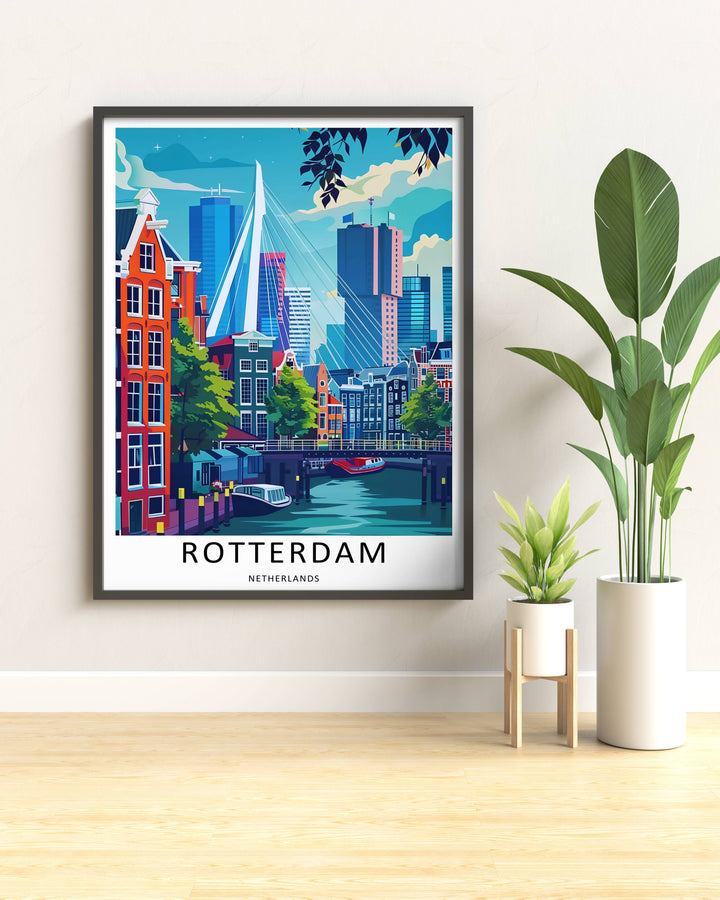 Artistic European cityscape print showing a panoramic view of old step gables beneath a sweeping turquoise cloud sky. A scenic travel poster from MapYourDreams, crafted expertly as an unframed print, wood-framed art, or canvas.