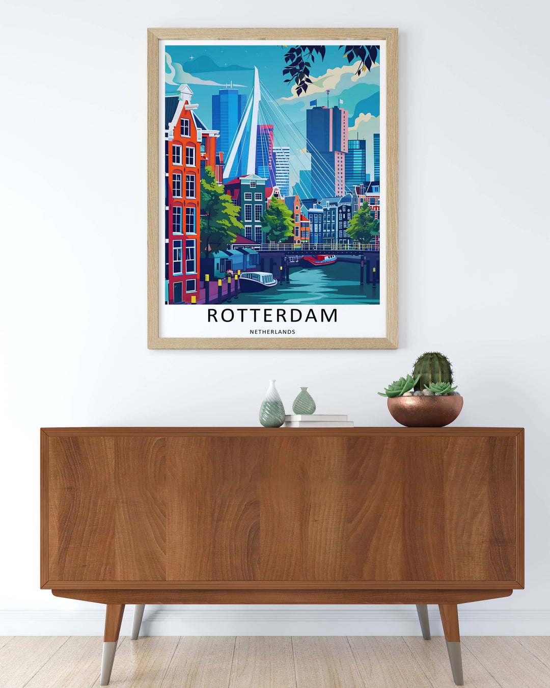 Retro style travel poster capturing the timeless, energetic atmosphere of a bright sunny day in Rotterdam Netherlands. Meticulously crafted by MapYourDreams and available as a canvas wrap, matted framed print, or poster.