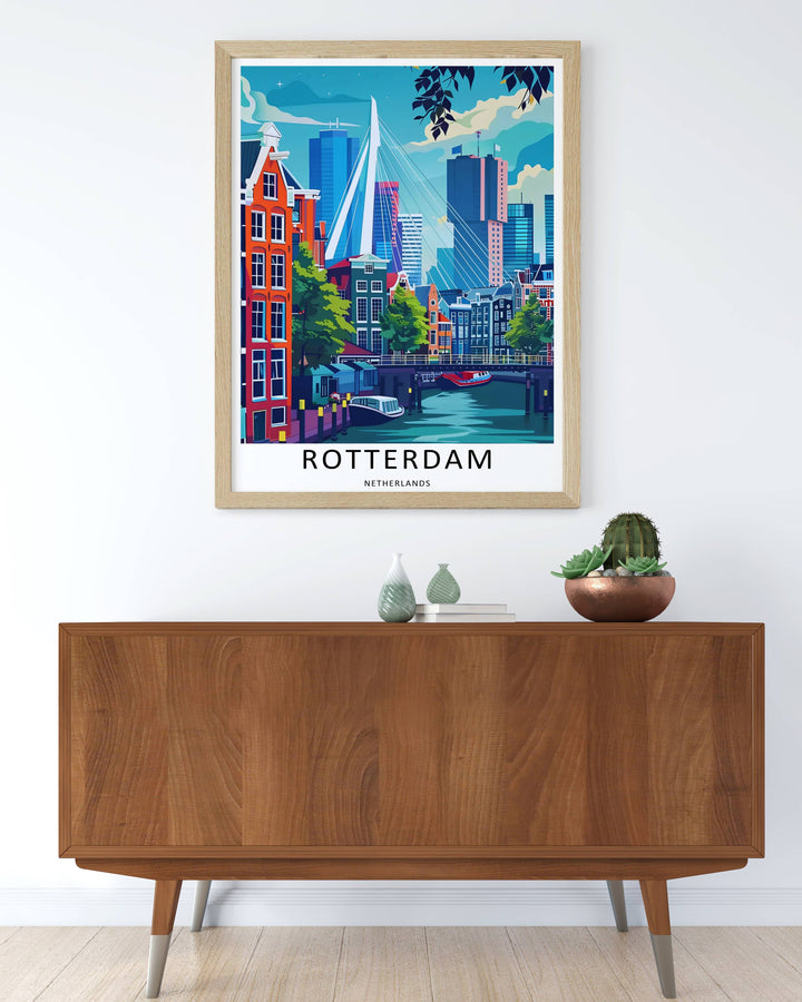 Retro style travel poster capturing the timeless, energetic atmosphere of a bright sunny day in Rotterdam Netherlands. Meticulously crafted by MapYourDreams and available as a canvas wrap, matted framed print, or poster.