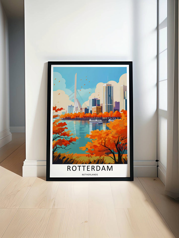 Dutch riverfront promenade scene depicting a white cruise boat traveling past a contemporary city center. This MapYourDreams decorative print can be purchased as an unframed poster or custom framed art.