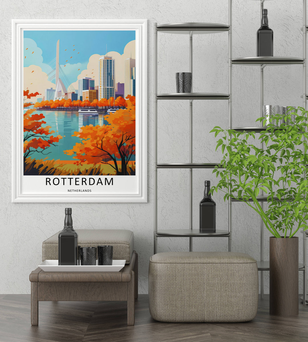 Downtown city skyline print showcasing a towering white suspension bridge pylon behind autumn tree branches. High-quality wall decor available in versatile framed, canvas, and print options.