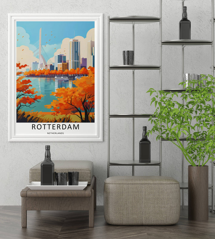 Downtown city skyline print showcasing a towering white suspension bridge pylon behind autumn tree branches. High-quality wall decor available in versatile framed, canvas, and print options.