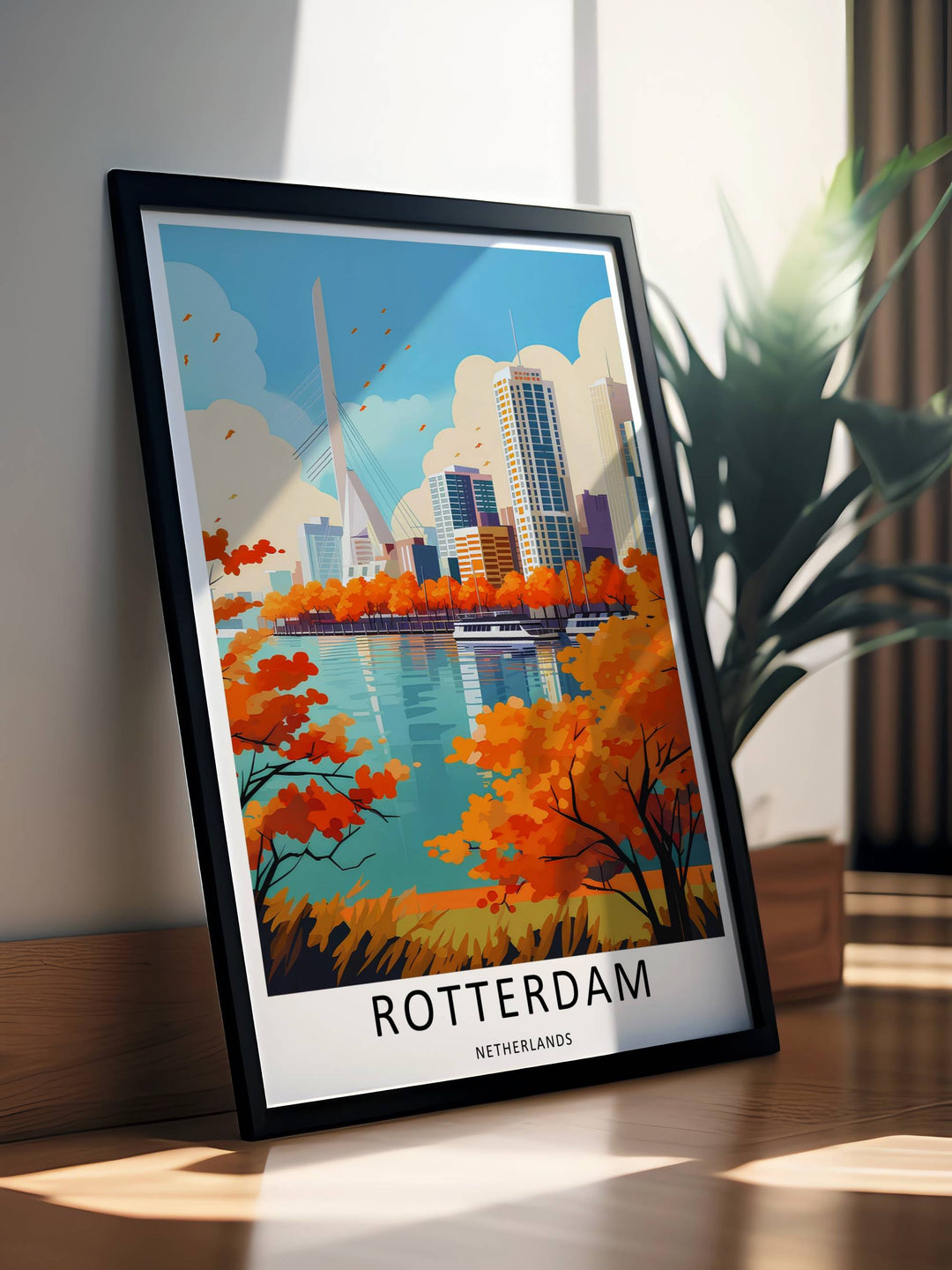 Rotterdam modern travel artwork illustrating a vibrant copper-leaved shoreline overlooking a wide blue river channel. This beautiful landscape wall art by MapYourDreams comes as a gallery canvas or custom framed print.