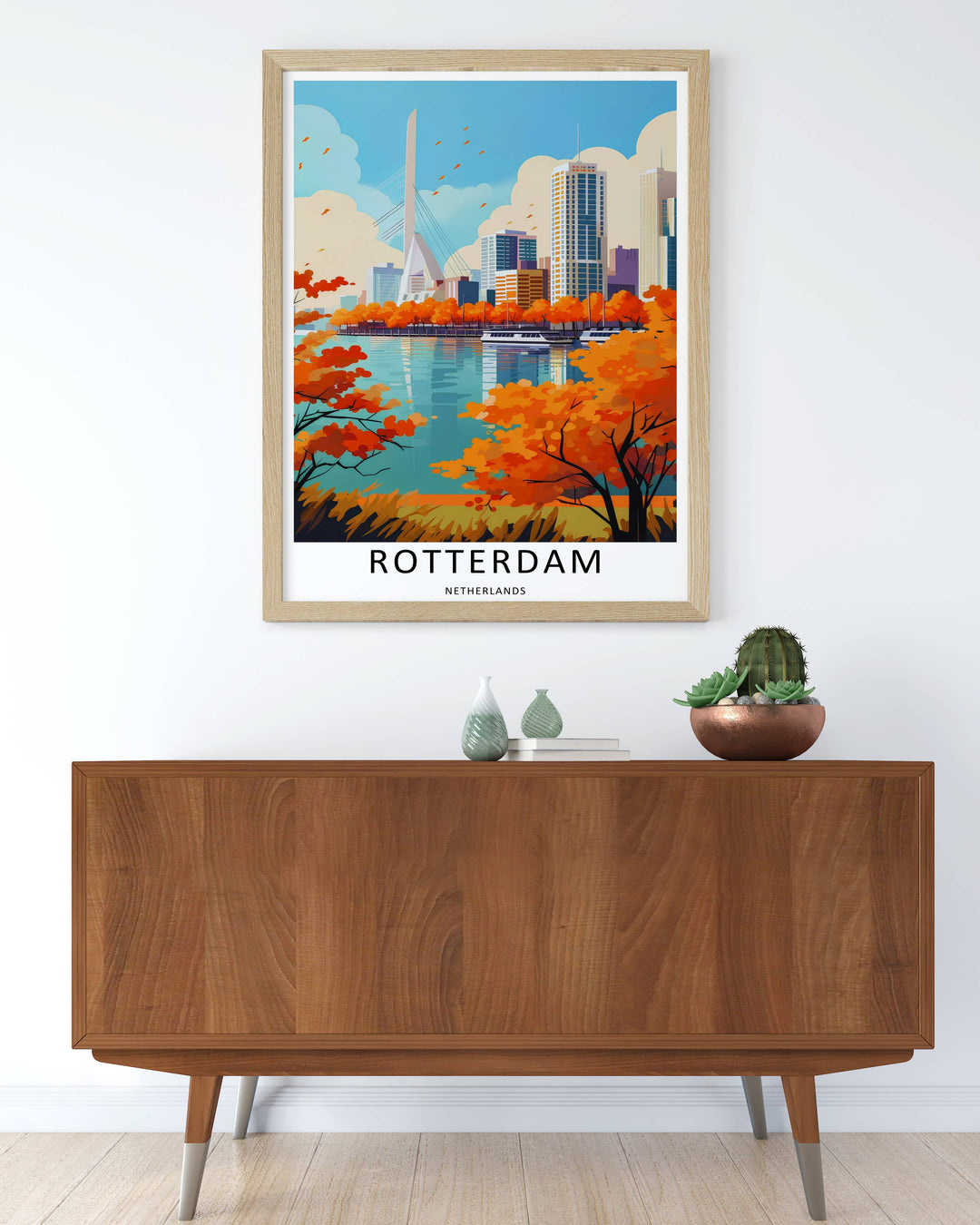 A grand structural bridge framed by golden autumn leaves and distant flying birds in a clean graphic design. A striking poster design perfect for office wall decor as a canvas print, framed art, or poster.