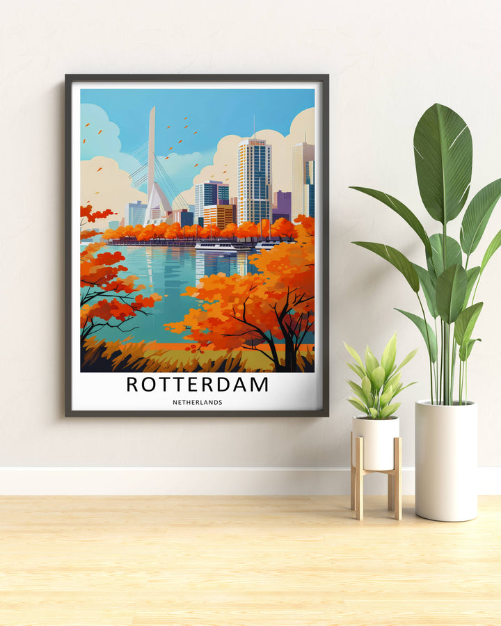 Netherlands contemporary skyscrapers and an autumnal harbor landscape creating a unique artistic gallery wall scene. Upgrade your living room wall decor with this MapYourDreams design, available as a framed print or stretched canvas.