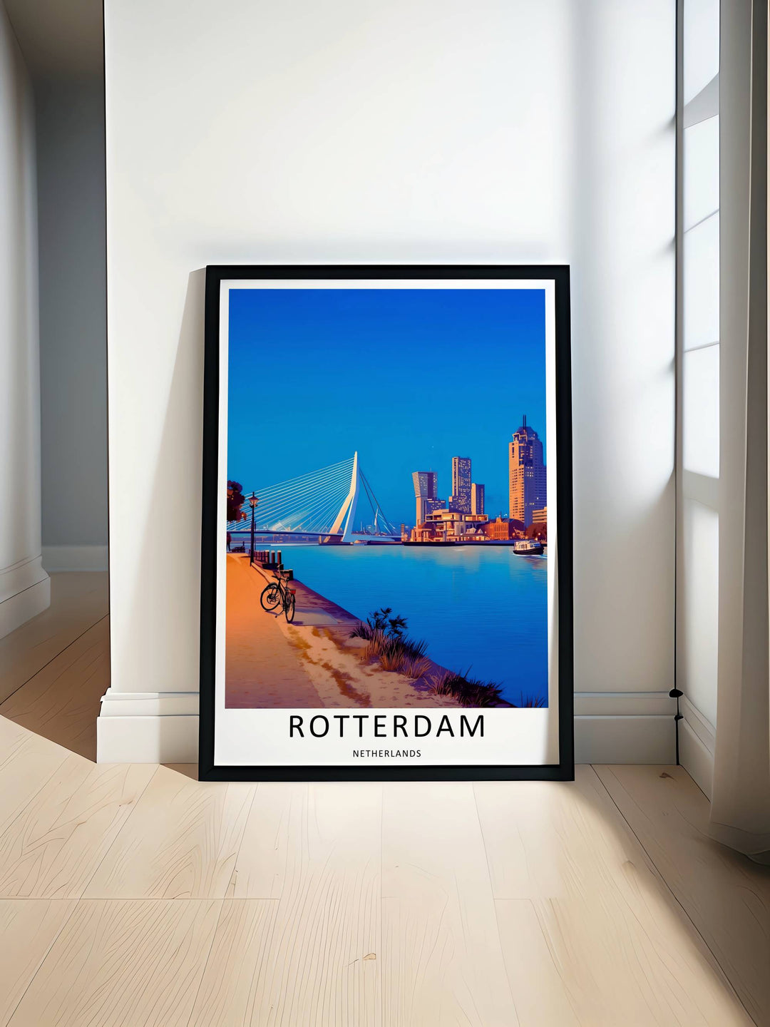 Artistic European cityscape print showing a panoramic view of illuminated Kop van Zuid skyscrapers at night. A scenic travel poster from MapYourDreams, crafted expertly as an unframed print, wood-framed art, or canvas.
