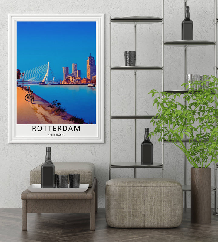 Dutch decorative travel art showcasing a stylized evening layout, deep river reflections, and peaceful waterfront public pathways. This home decor piece is perfectly suited for modern rooms as a framed canvas print or simple paper poster.