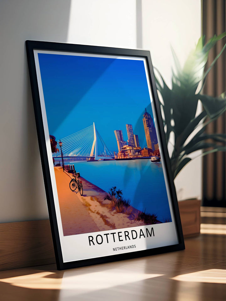 Fine art illustration of a Rotterdam landmark view with a high-rise city center, a classic lamp post, and a bicycle silhouette. MapYourDreams wall decor offered in multiple sizes as an unframed print, framed print, or luxury canvas.