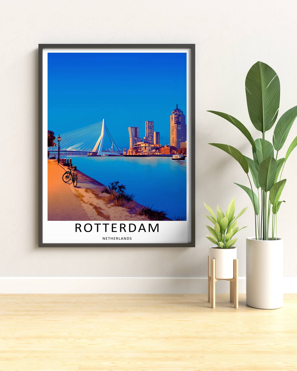 Netherlands twilight travel artwork featuring a serene blue hour promenade and a vintage bicycle parked by the harbor. An elegant graphic style piece offered as a premium framed poster or canvas wrap.