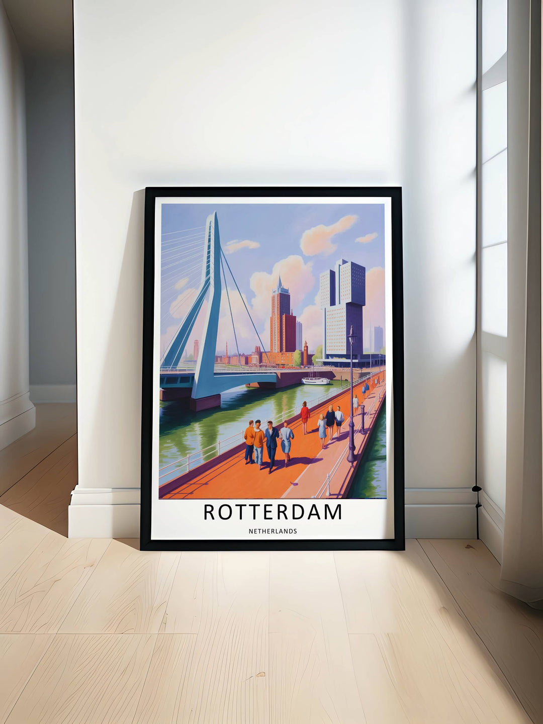 Dutch harbor promenade scene depicting modern city silhouettes strolling past white safety railings along the water. This MapYourDreams decorative print can be purchased as an unframed poster or custom framed art.
