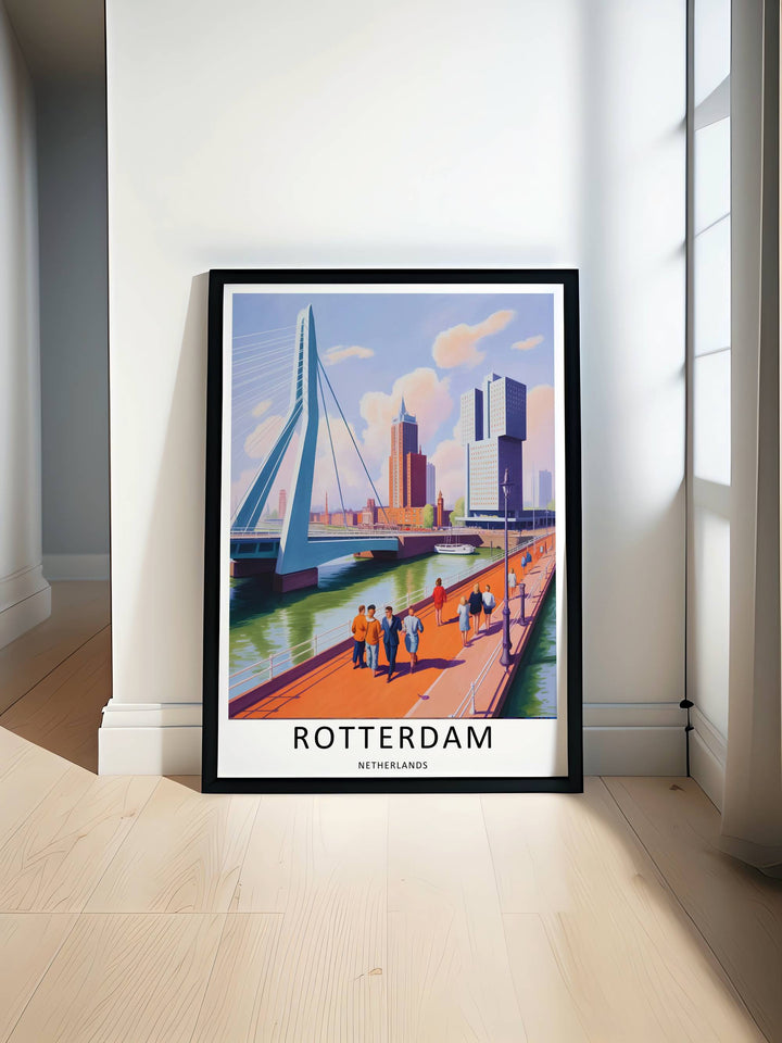 Dutch harbor promenade scene depicting modern city silhouettes strolling past white safety railings along the water. This MapYourDreams decorative print can be purchased as an unframed poster or custom framed art.
