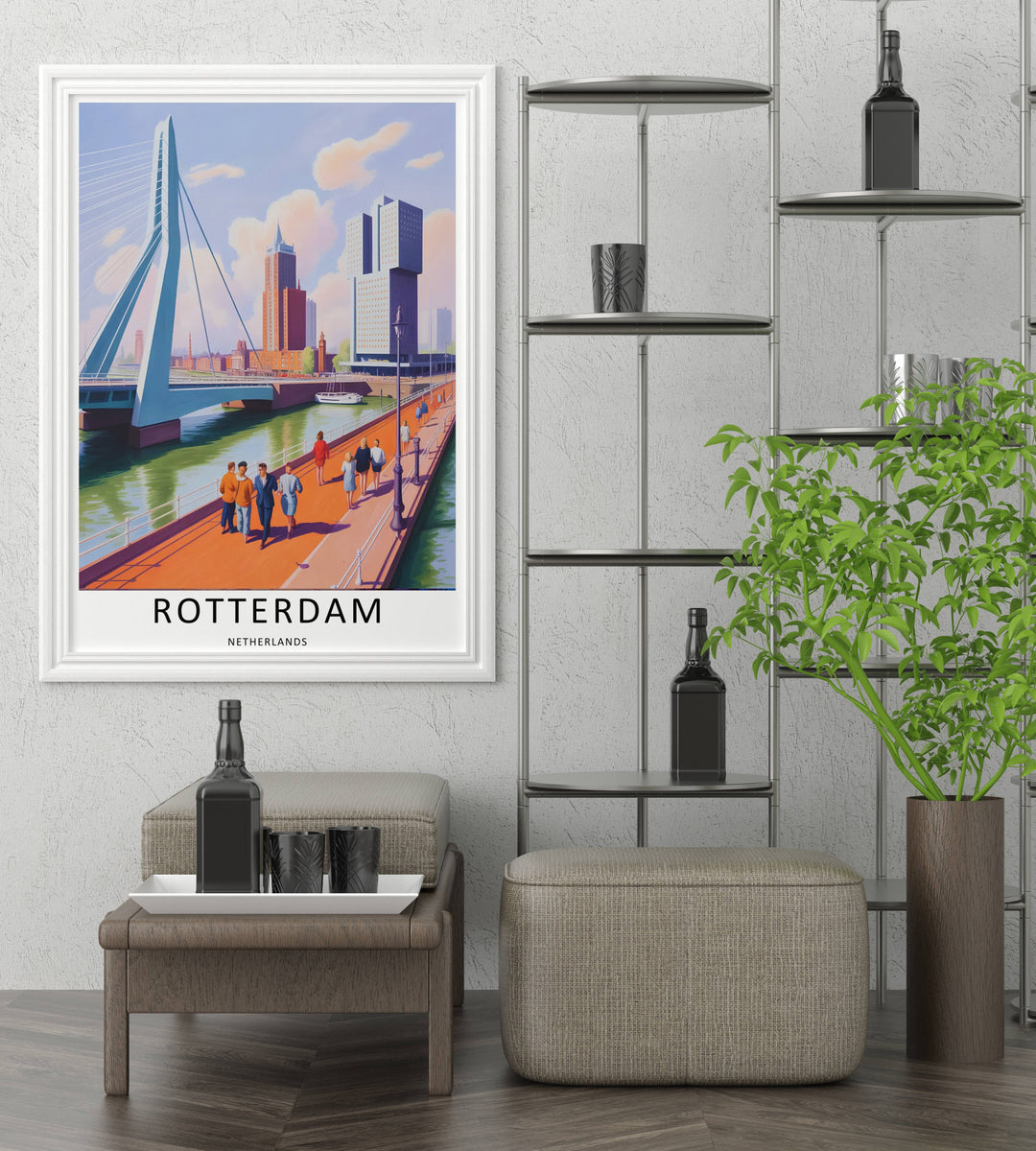 Downtown city skyline print showcasing a towering white bridge pylon and glass architectural blocks catching daytime light. High-quality wall decor available in versatile framed, canvas, and print options.