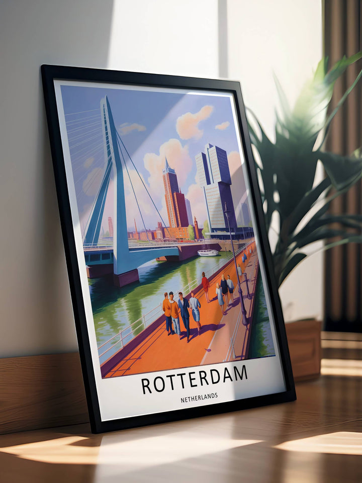 Rotterdam modern travel artwork illustrating a bright, sun-drenched shoreline looking toward contemporary corporate towers. This beautiful landscape wall art by MapYourDreams comes as a gallery canvas or custom framed print.