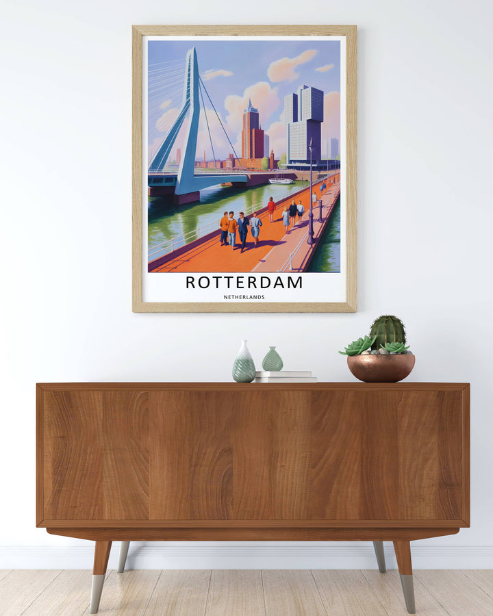 A grand structural suspension bridge framing a bustling waterfront pedestrian path in a clean graphic design. A striking poster design perfect for office wall decor as a canvas print, framed art, or poster.