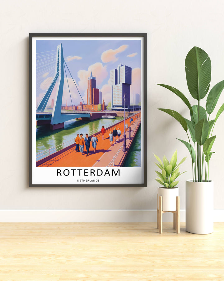 Netherlands contemporary city skyscrapers and a lively boardwalk landscape creating a unique artistic gallery wall scene. Upgrade your living room wall decor with this MapYourDreams design, available as a framed print or stretched canvas.