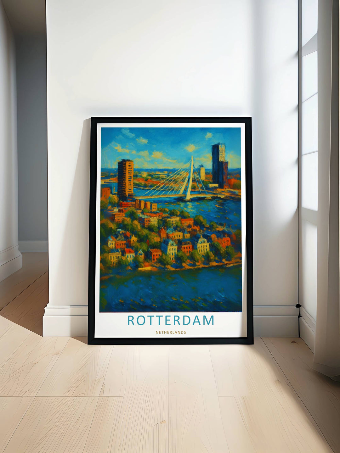 Downtown city skyline print showcasing a towering white suspension bridge rendered in an expressive fine art oil painting texture. High-quality wall decor available in versatile framed, canvas, and print options.