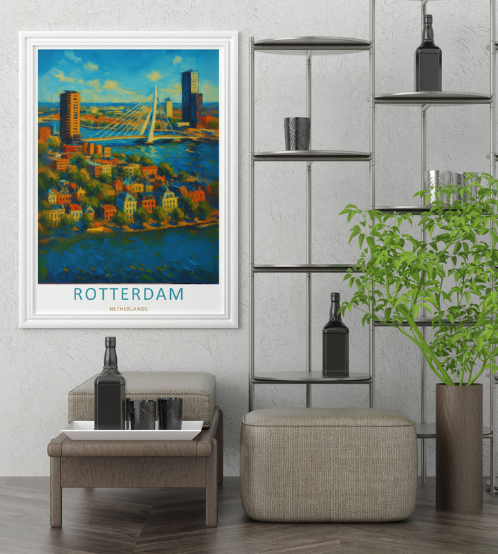 A grand structural bridge framed by stylized rolling clouds and deep cerulean waters in a classic impressionist design. A striking poster design perfect for office wall decor as a canvas print, framed art, or poster.