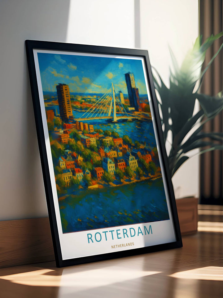 Netherlands contemporary city skyscrapers and a textured maritime landscape creating a unique artistic gallery wall scene. Upgrade your living room wall decor with this MapYourDreams design, available as a framed print or stretched canvas.