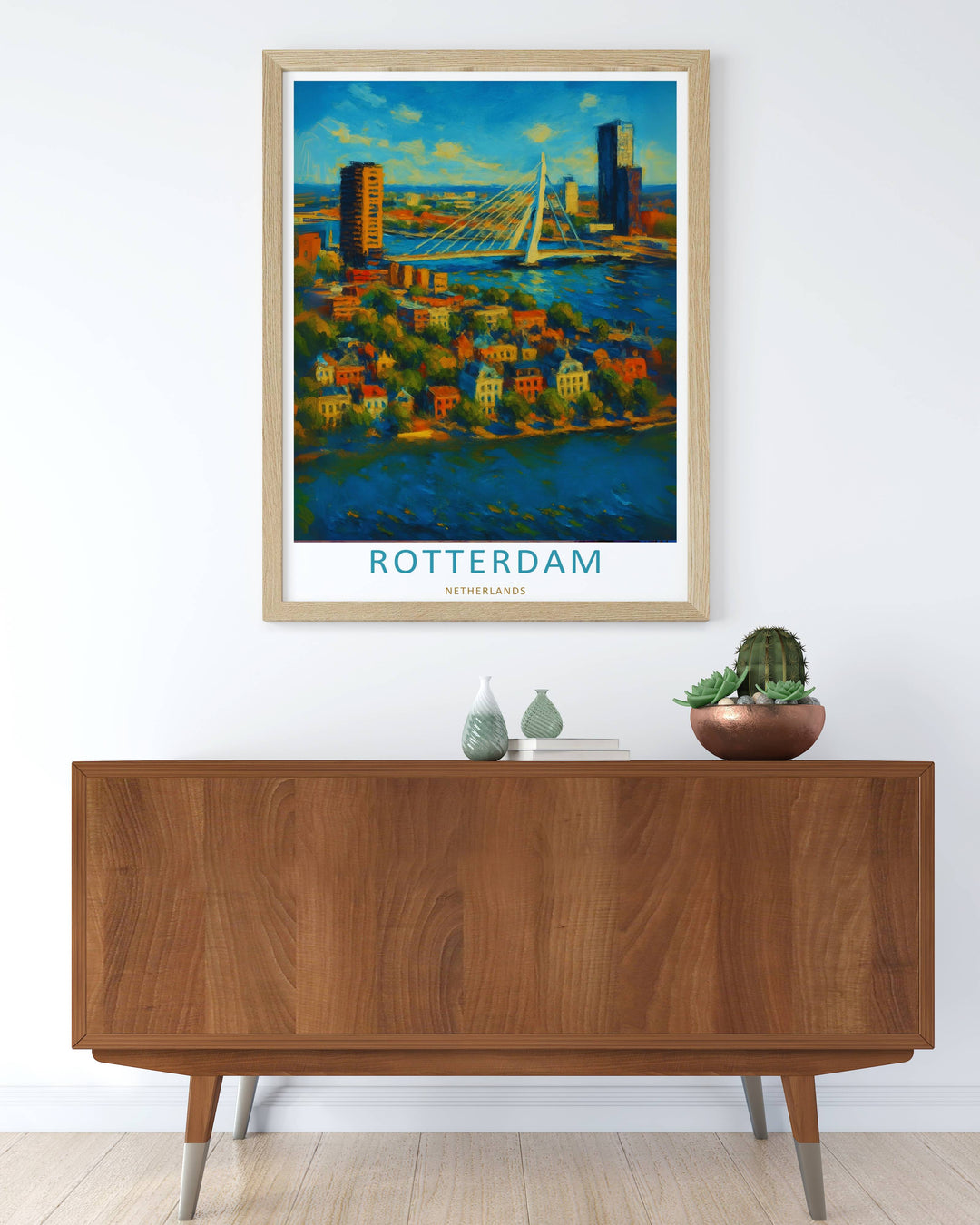 Rotterdam graphic art capturing a clean white border layout, rich terracotta orange tones, and detailed painterly facades. This poster makes great modern home wall art as a canvas, framed print, or poster.